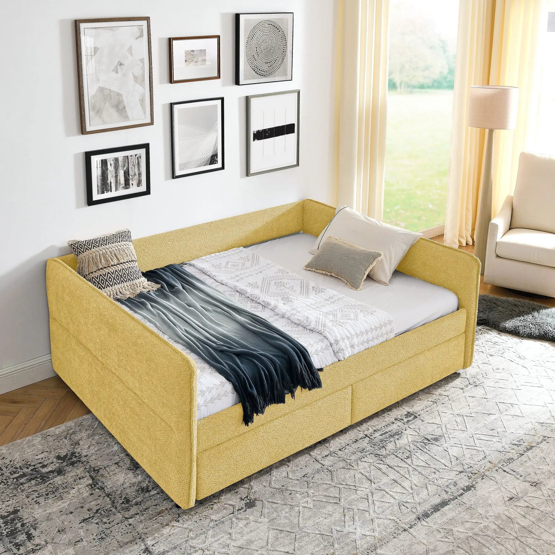 Upholstered daybed with yellow fabric and two storage drawers, gray bedding on Tampa Home & Garden Store
