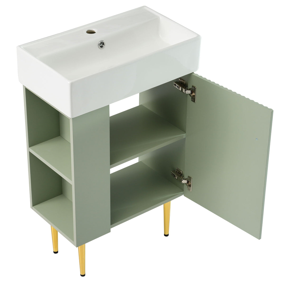 Bathroom vanity with white ceramic sink, sage green cabinet, side storage by HouseOfZazla on Tampa Home & Garden Store