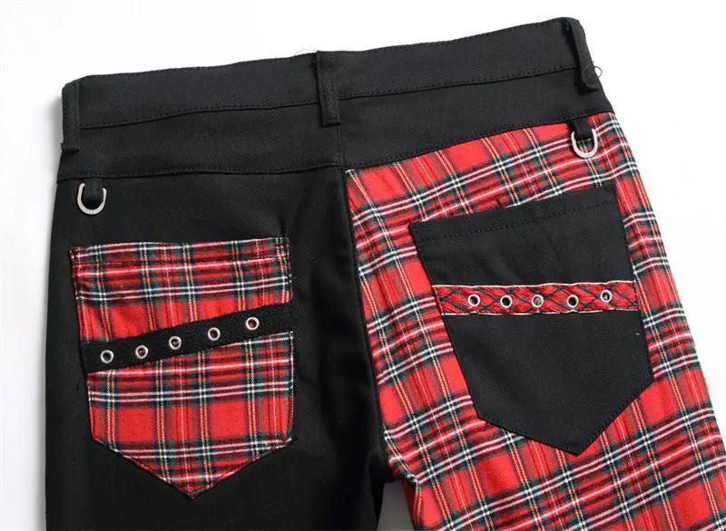 Men's black panel colorblock jeans with red plaid pockets, non stretch fit FLIPSTYLEZLLC on Tampa Home & Garden Store