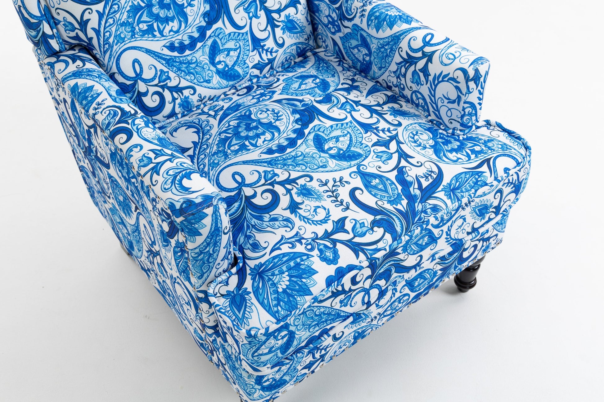 Accent Chair by HouseOfZazla in blue and white porcelain print linen fabric on Tampa Home & Garden Store
