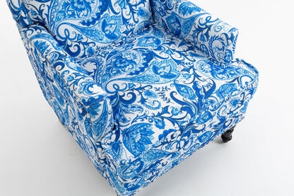 Accent Chair by HouseOfZazla in blue and white porcelain print linen fabric on Tampa Home & Garden Store
