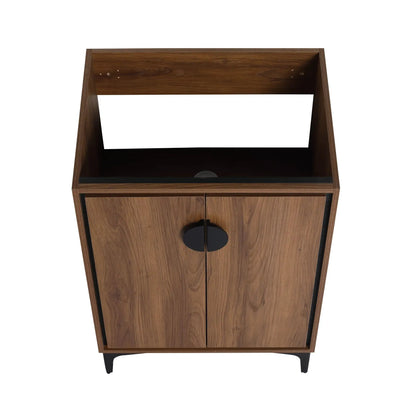 Modern bathroom vanity storage cabinet in walnut finish with open shelf and two-door lower unit on Tampa Home & Garden Store