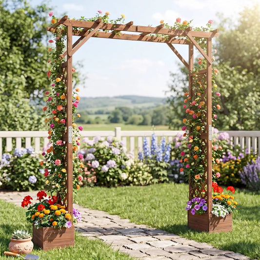 Garden Arbor with Planter Boxes, 87in tall brown wooden trellis wrapped roses DirectDeals on Tampa Home & Garden Store