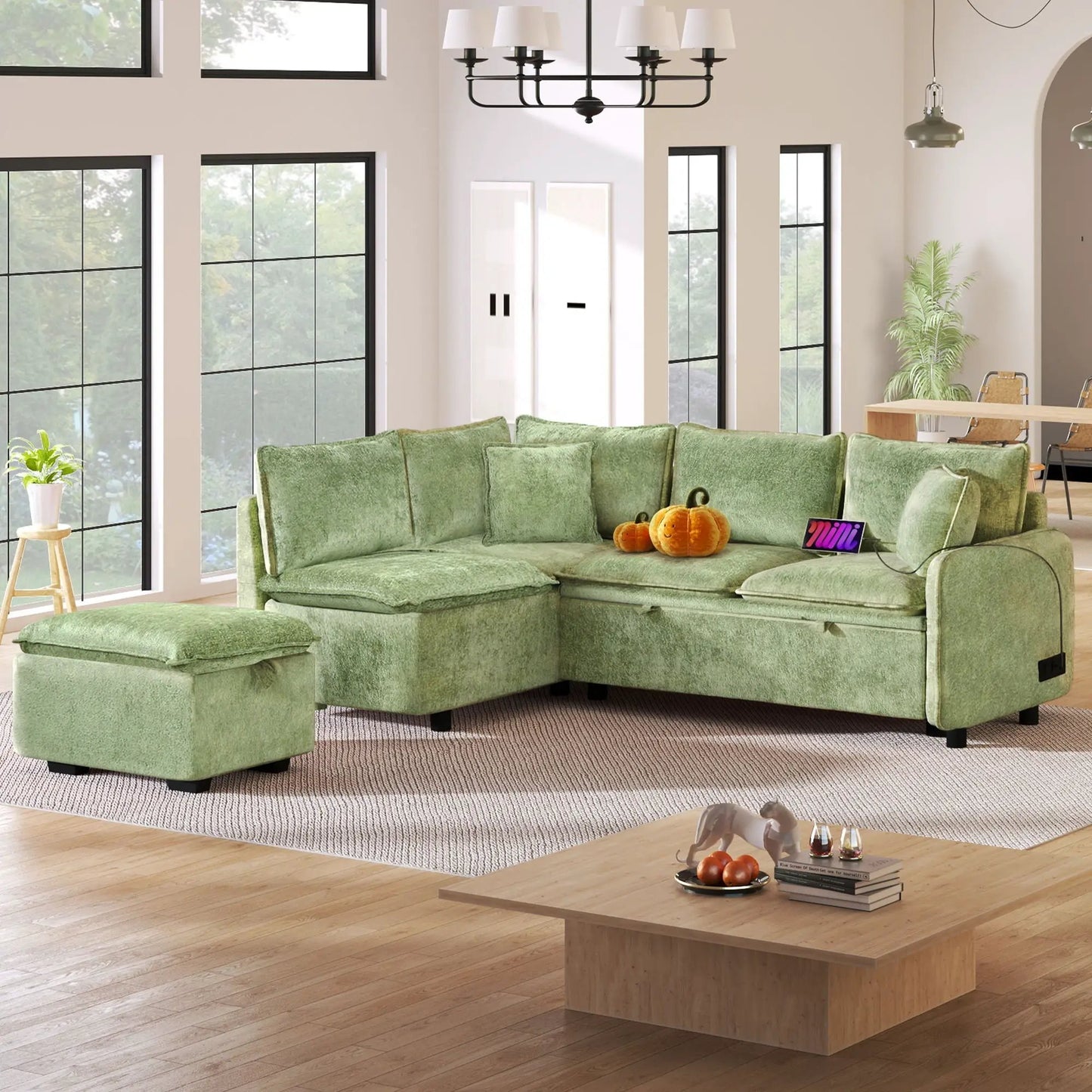 Convertible sleeper sectional sofa in green with storage ottoman by Unique Piece Furniture on Tampa Home & Garden Store