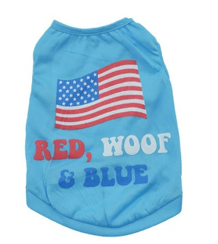 Hawaiian All-Poly Pet Vest blue dog vest with American flag and RED WOOF & BLUE text Pet Zen on Tampa Home & Garden Store