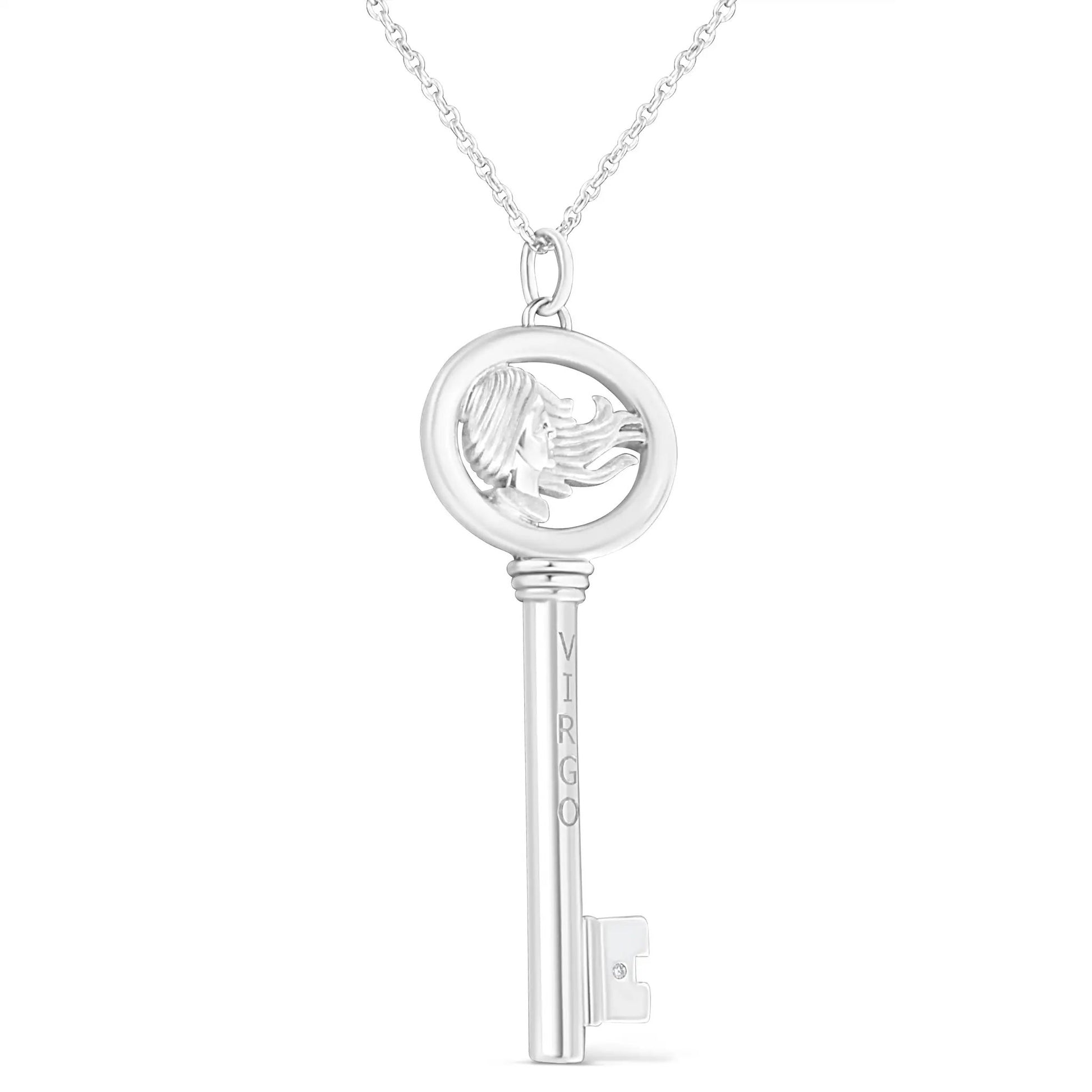 Sterling silver Virgo zodiac key pendant necklace with round bezel and diamond accent on Tampa Home & Garden Store