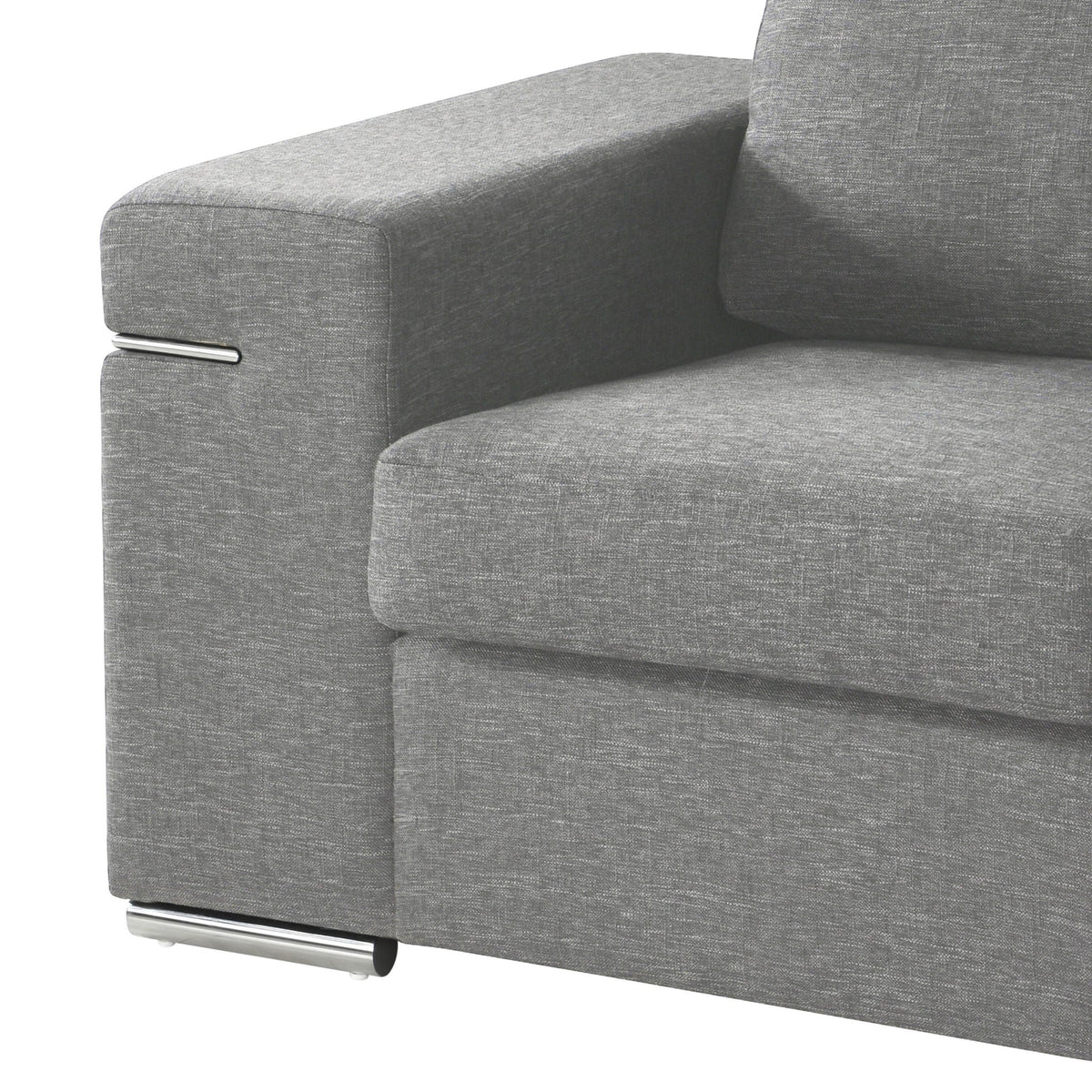 Fabric Arm Chair with oversized arms in gray textured fabric and chrome metal accents on Tampa Home & Garden Store