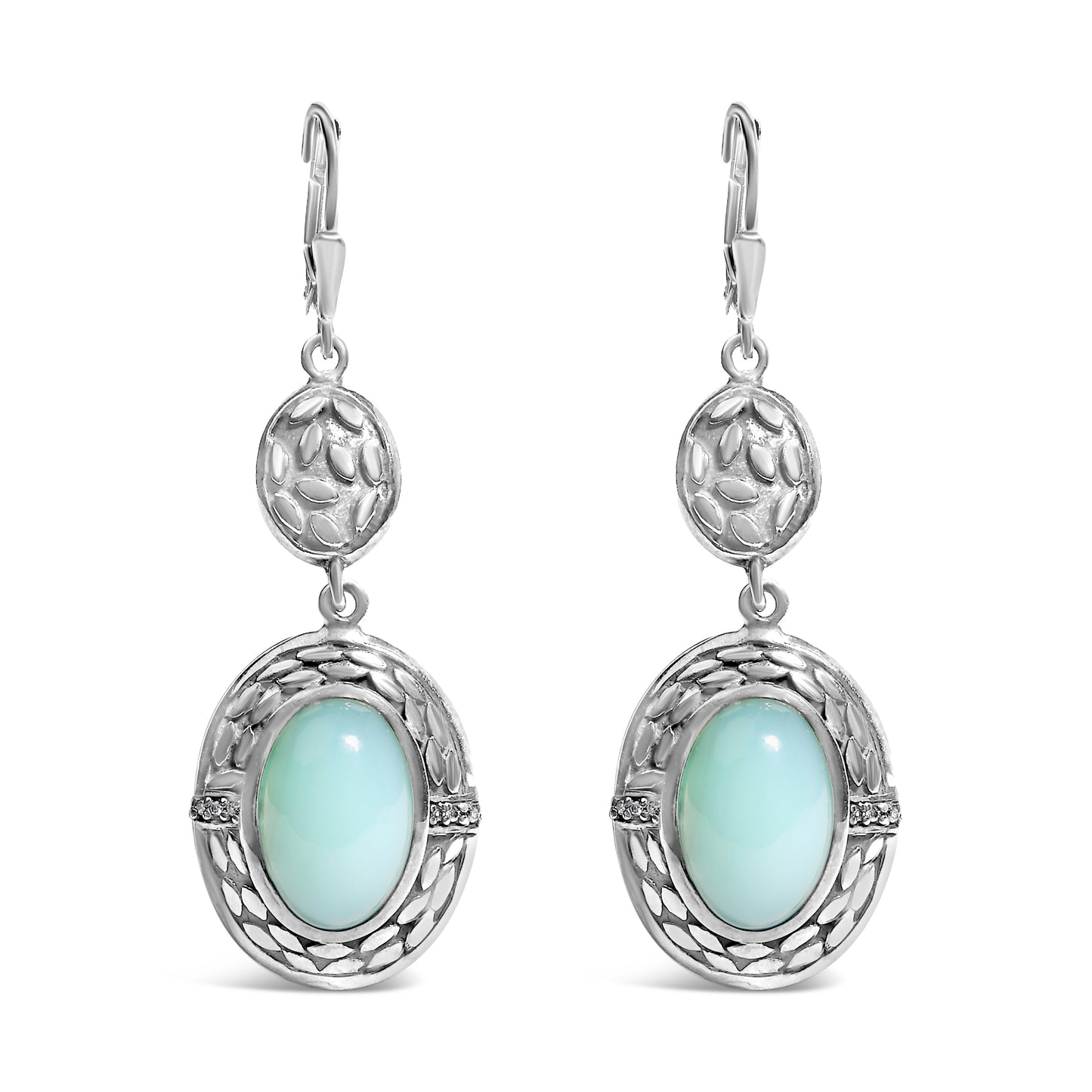 Chalcedony drop earrings in silver with diamond accents, Bids.com pale blue cabochons pair on Tampa Home & Garden Store