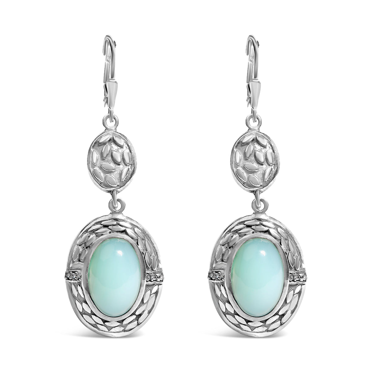 Chalcedony drop earrings in silver with diamond accents, Bids.com pale blue cabochons pair on Tampa Home & Garden Store