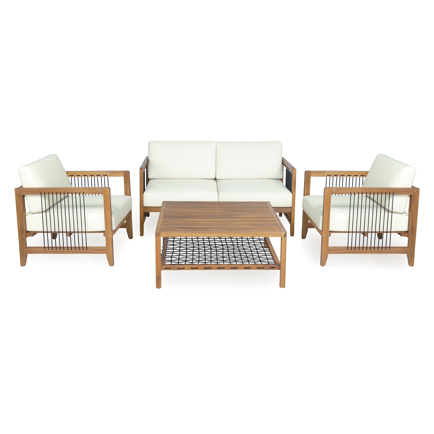 4-Piece Acacia Wood Outdoor Patio Sofa Set with cream cushions and coffee table by HouseOfZazla on Tampa Home & Garden Store