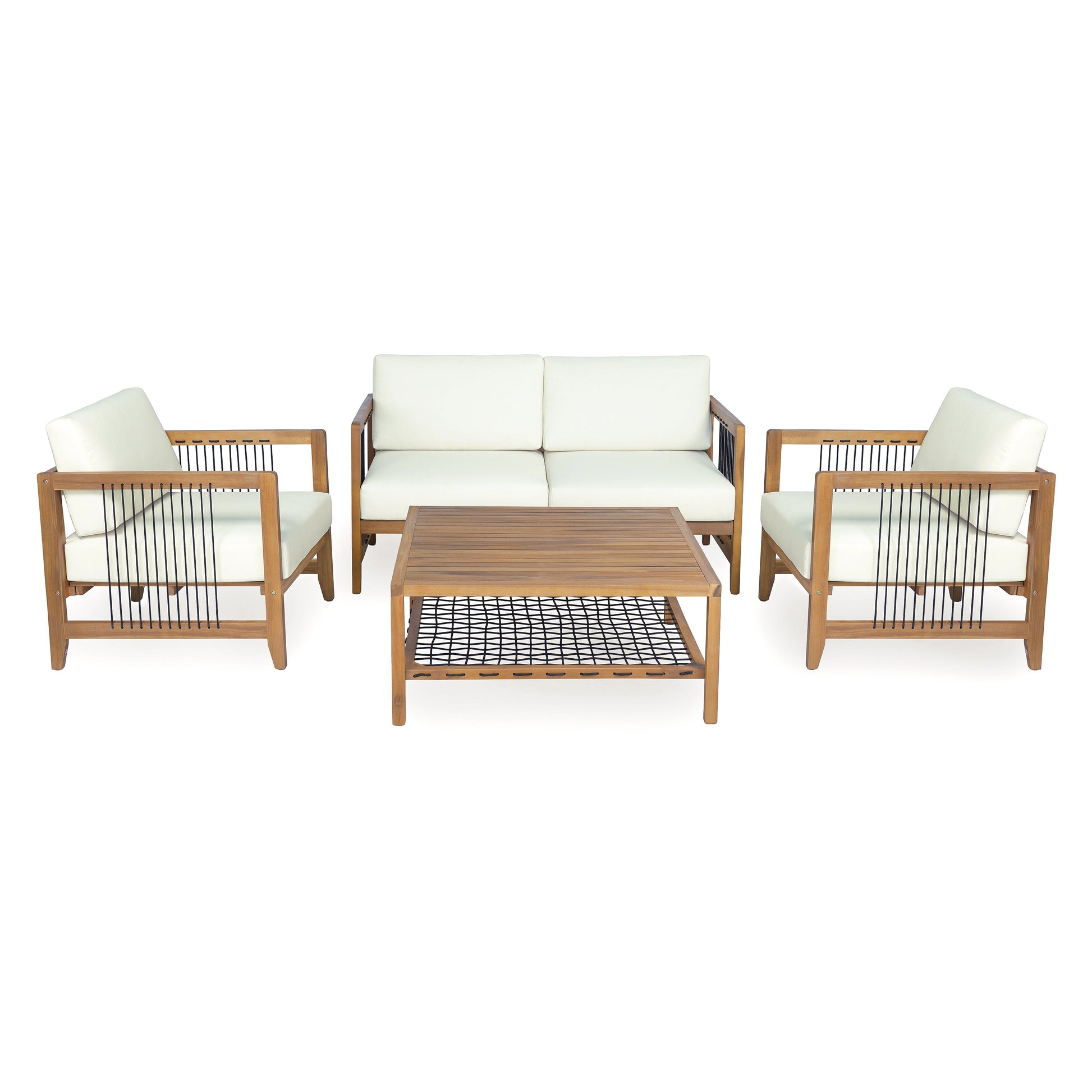 4-Piece Acacia Wood Outdoor Patio Sofa Set with cream cushions and coffee table by HouseOfZazla on Tampa Home & Garden Store