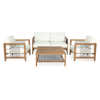 4-Piece Acacia Wood Outdoor Patio Sofa Set with cream cushions and coffee table by HouseOfZazla on Tampa Home & Garden Store