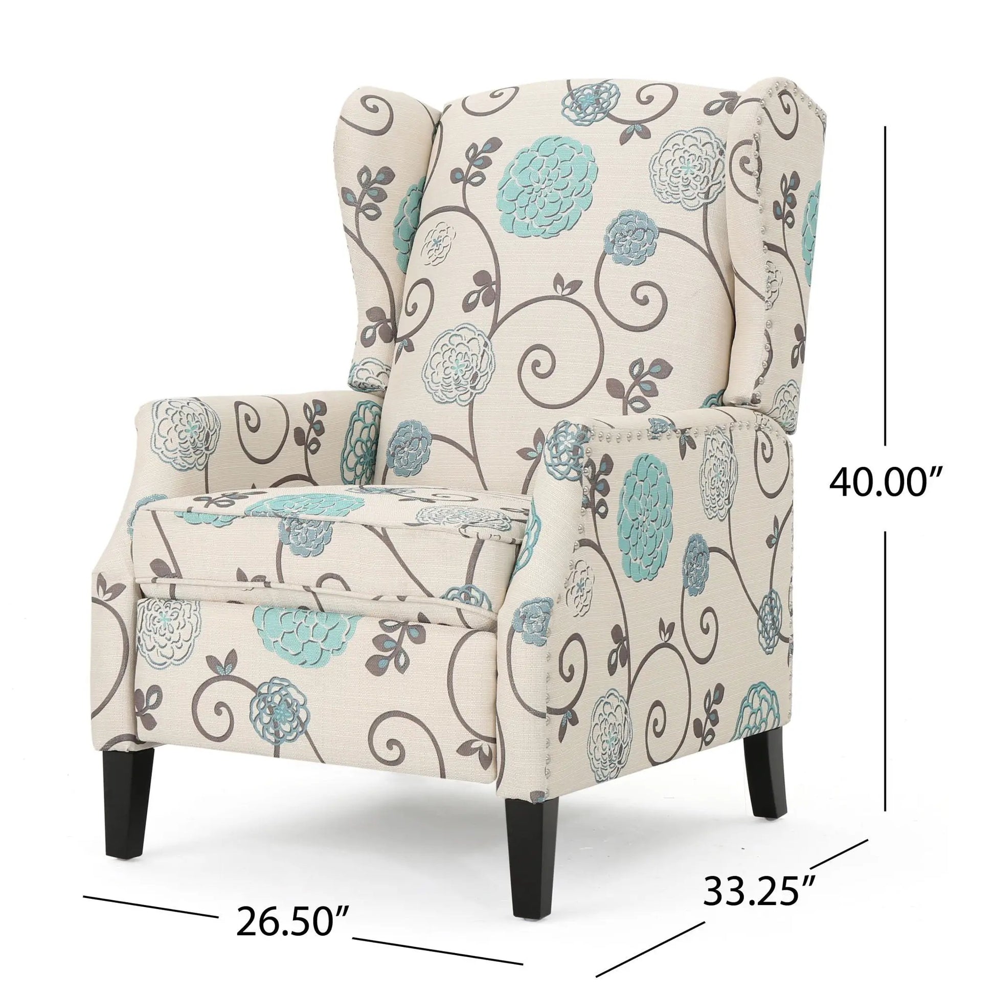 Westeros Wing Back Recliner in beige floral fabric with teal accents; nailhead trim and dark wood legs on Tampa Home & Garden Store