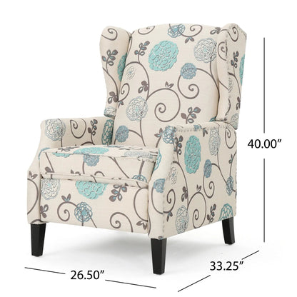 Westeros Wing Back Recliner in beige floral fabric with teal accents; nailhead trim and dark wood legs on Tampa Home & Garden Store
