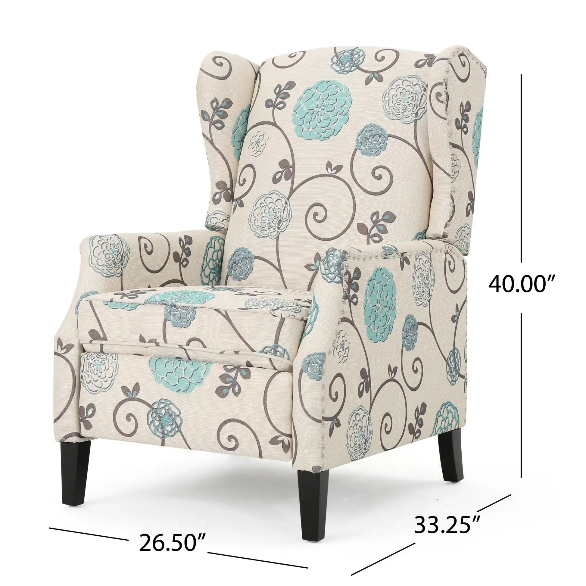 Westeros Wing Back Recliner beige floral print teal accents nailhead trim dark legs on Tampa Home & Garden Store