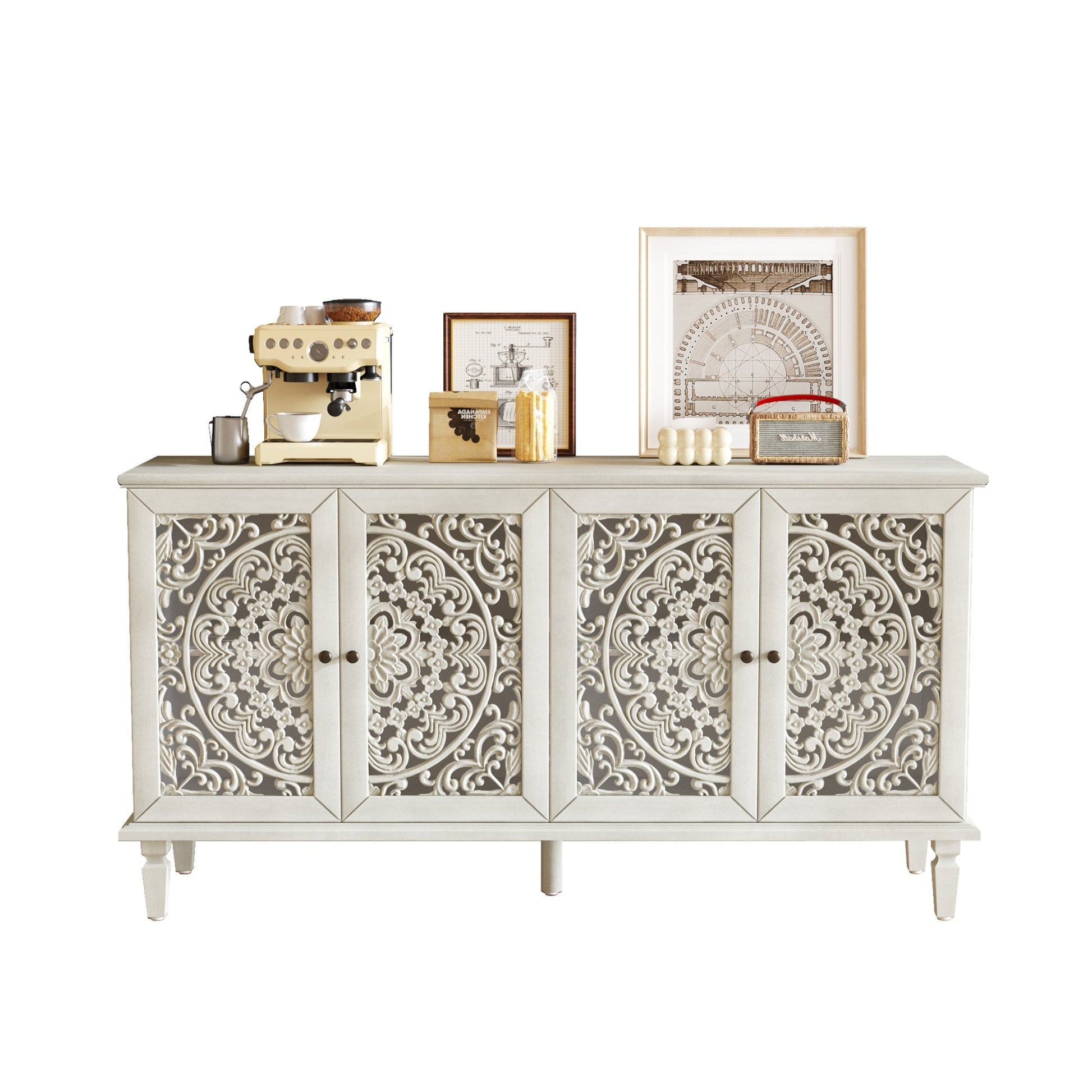 60in Antique Buffet Cabinet with floral carvings, off-white finish, solid wood legs on Tampa Home & Garden Store