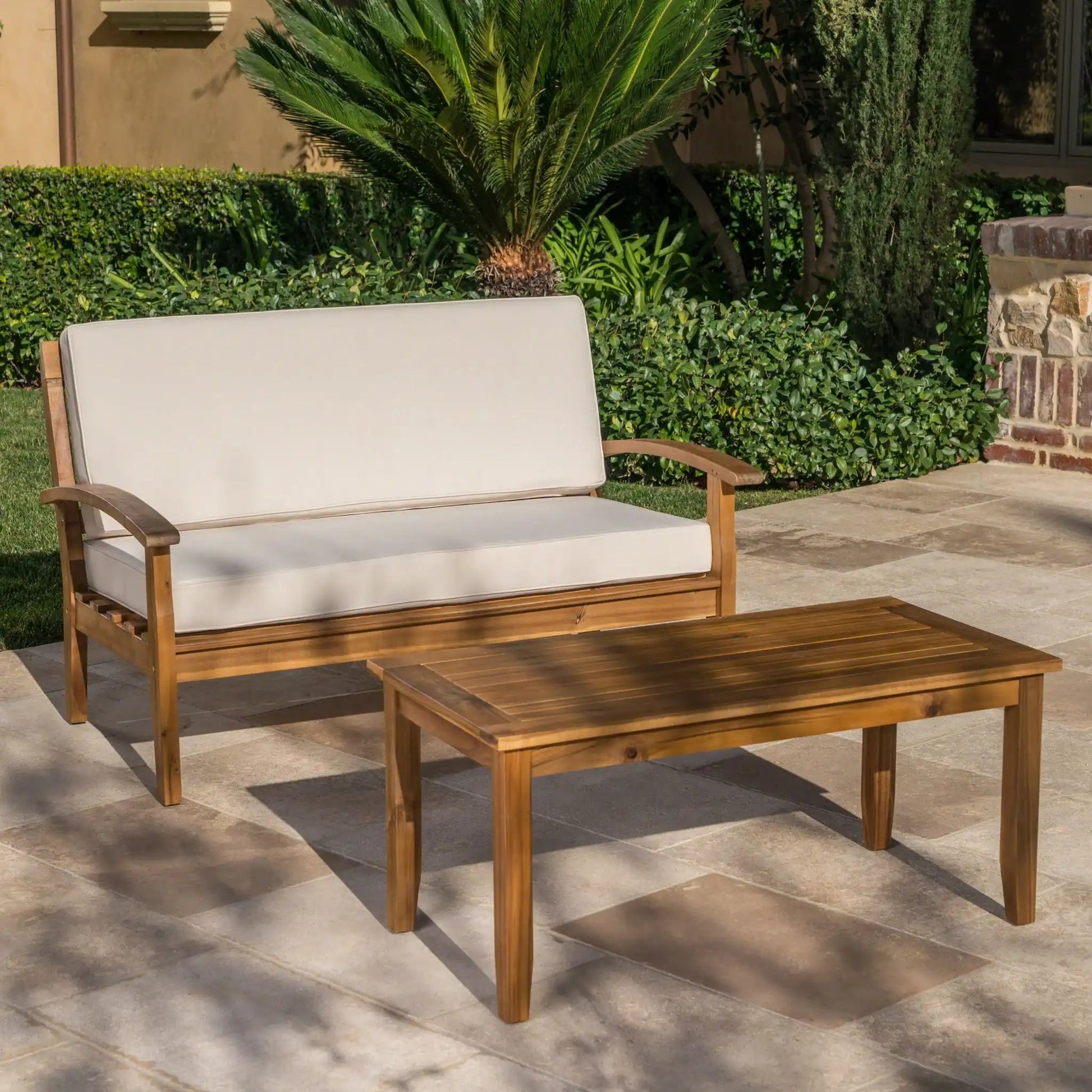 Outdoor 2-piece chat set: loveseat and coffee table in wood with beige cushions by HouseOfZazla on Tampa Home & Garden Store