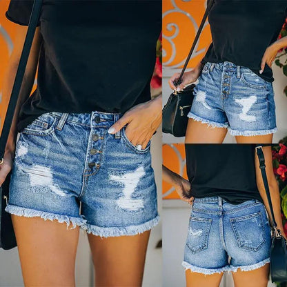 Jeans shorts women's casual straight high waist, light-blue denim with frayed hem FLIPSTYLEZLLC on Tampa Home & Garden Store