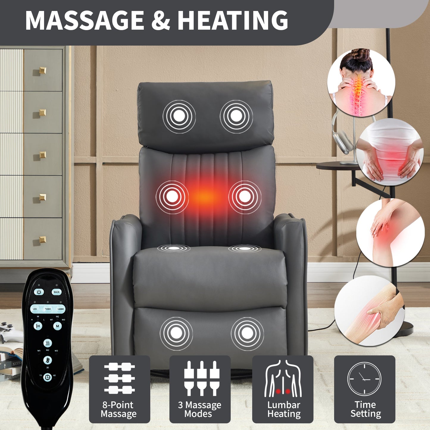 Grey faux leather heat massage manual recliner chair with rocker and swivel by HouseOfZazla on Tampa Home & Garden Store
