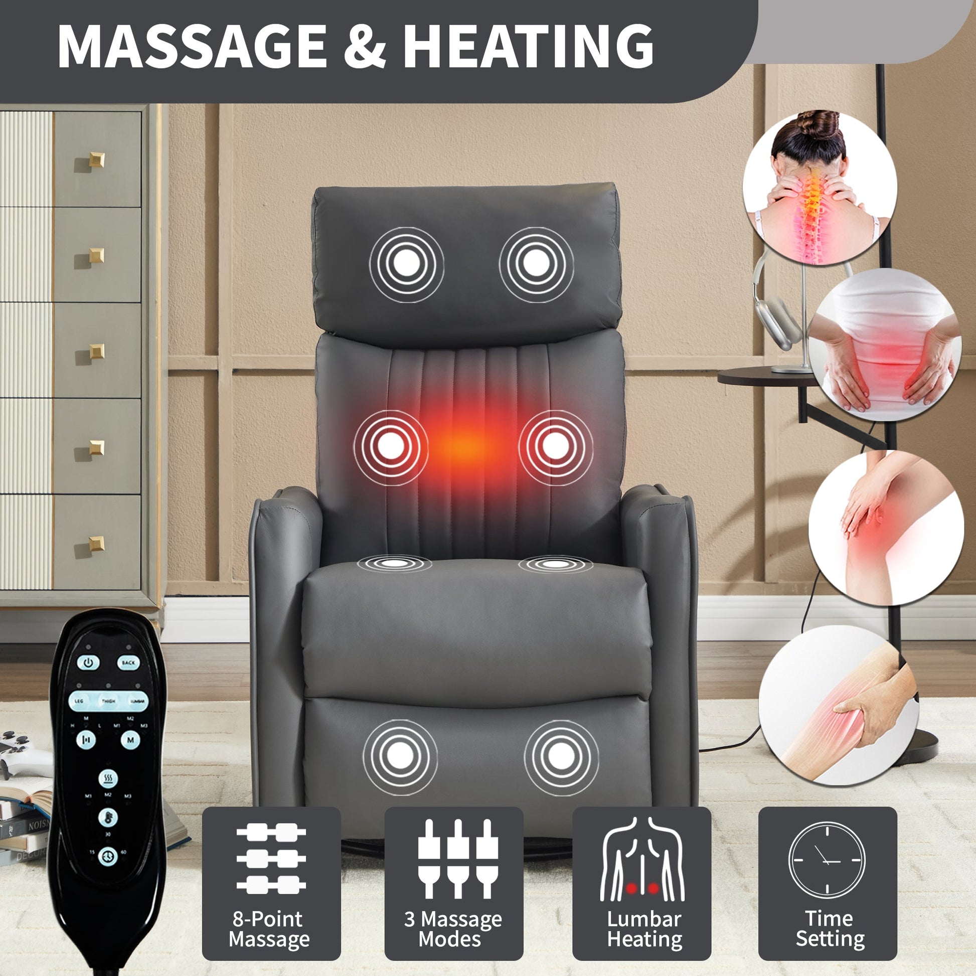 Grey faux leather heat massage manual recliner chair with rocker and swivel by HouseOfZazla on Tampa Home & Garden Store