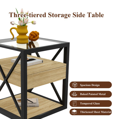 Three-tier storage side table with glass top and wood shelf in black metal frame; tulip vase on top on Tampa Home & Garden Store