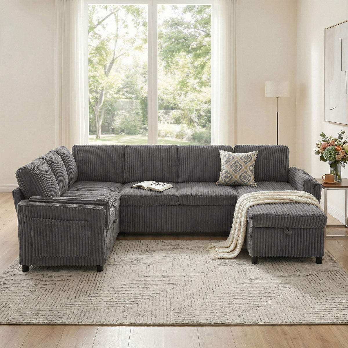 Convertible U-shaped sectional sofa bed by HouseOfZazla in dark gray fabric with USB ports on Tampa Home & Garden Store