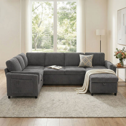 Convertible U-shaped sectional sofa bed by HouseOfZazla in dark gray fabric with USB ports on Tampa Home & Garden Store