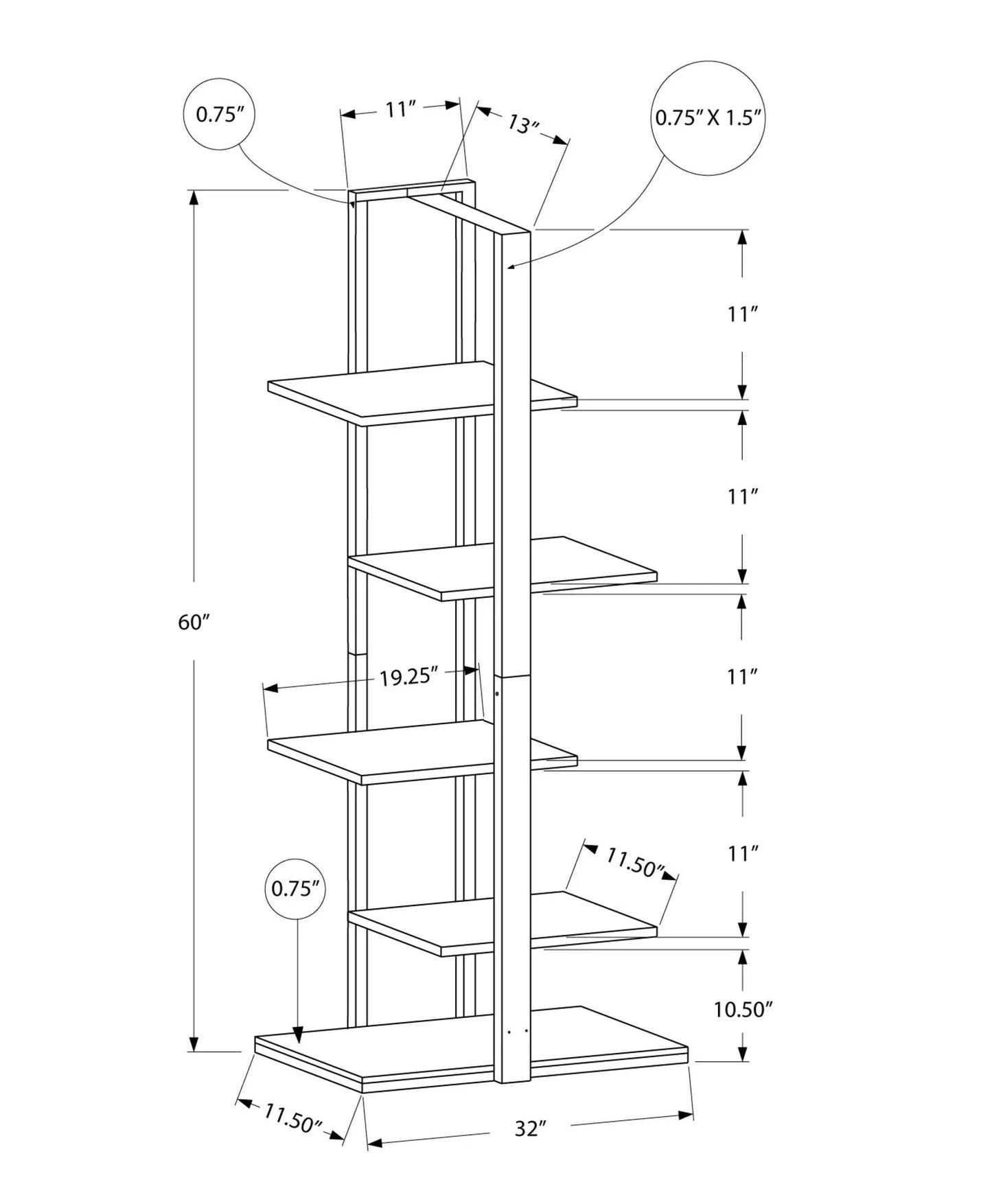 Five-tier etagere line drawing with open frame and shelves, 32 in wide by 60 in tall on Tampa Home & Garden Store