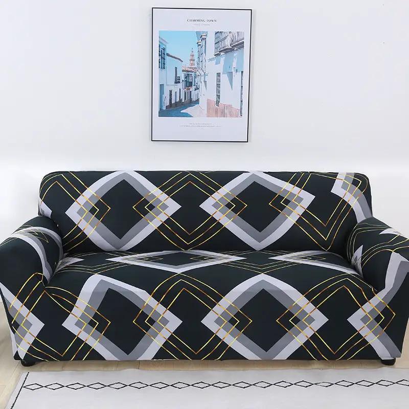 Sofa cover with black geometric diamond pattern in gray and yellow full slipcover on Tampa Home & Garden Store