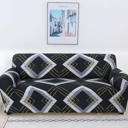 Sofa cover with black geometric diamond pattern in gray and yellow full slipcover on Tampa Home & Garden Store