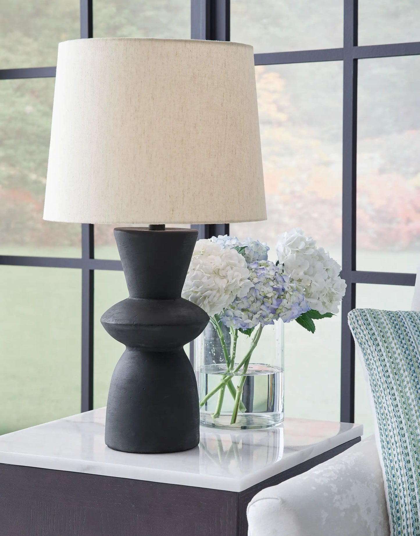 Scarbot paper table lamp set of 2 in distressed black with beige linen shade on Tampa Home & Garden Store