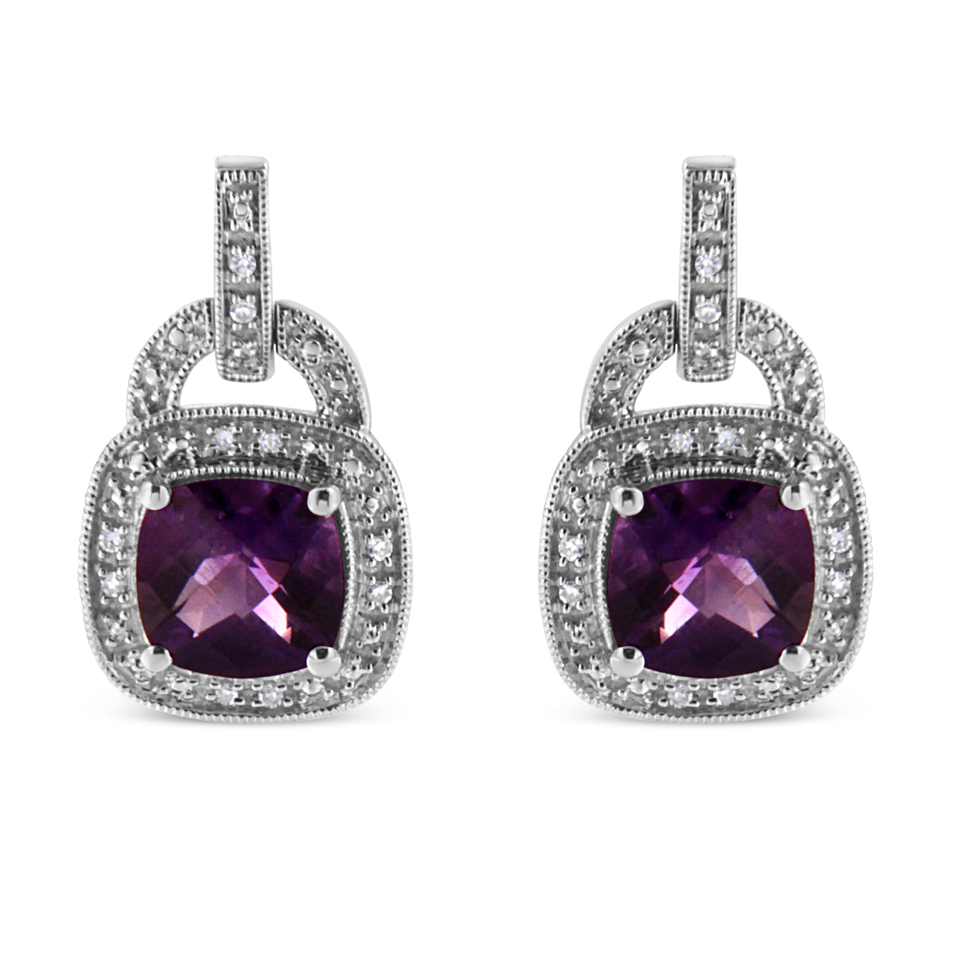 Earrings by Bids.com: 8mm cushion amethyst halo with diamond accents, sterling silver pair on Tampa Home & Garden Store