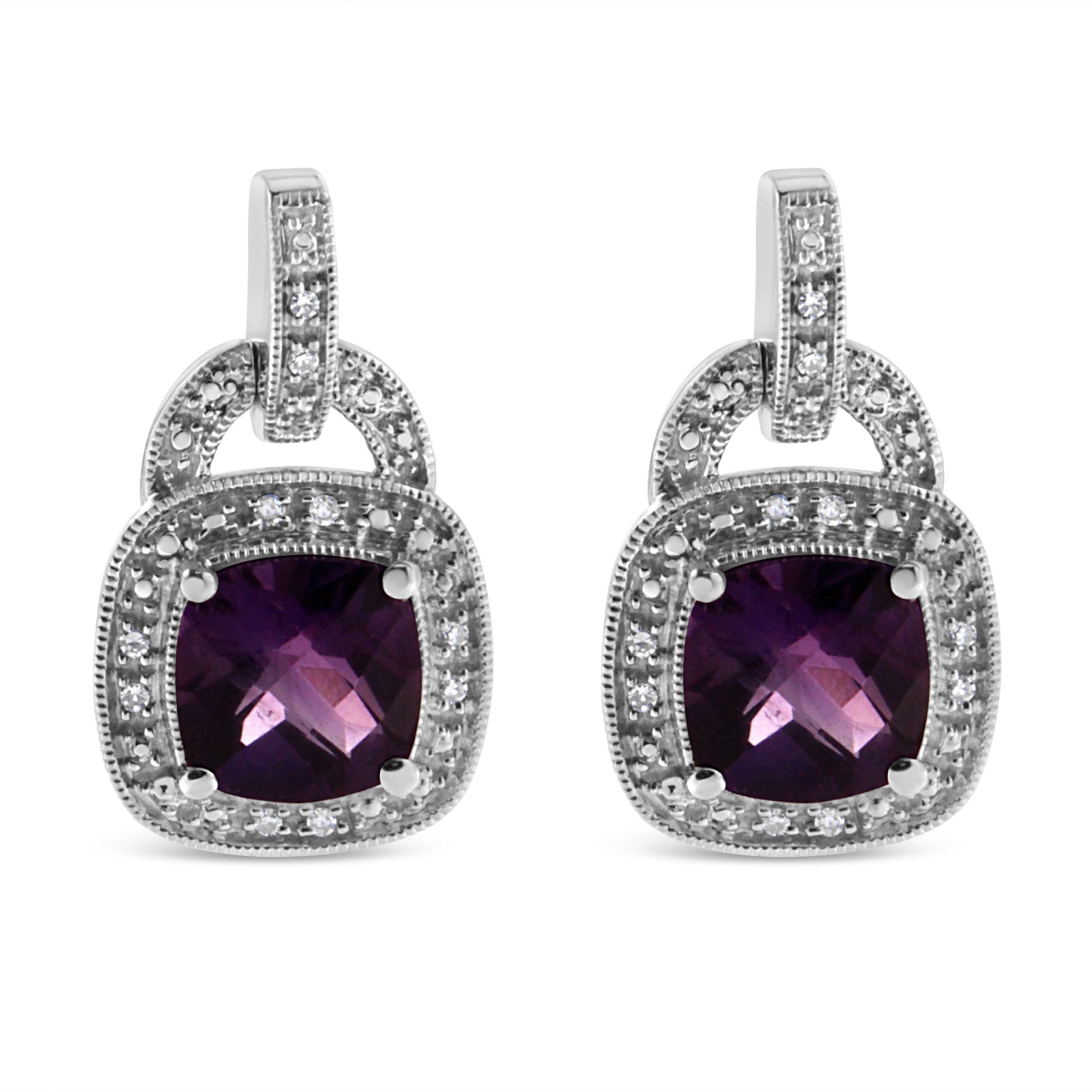 Sterling silver 8mm amethyst drop earrings with diamond halo and push backs pair on Tampa Home & Garden Store