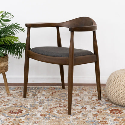 Mid-Century modern dining chair with armrests in dark wood and gray fabric seat on Tampa Home & Garden Store