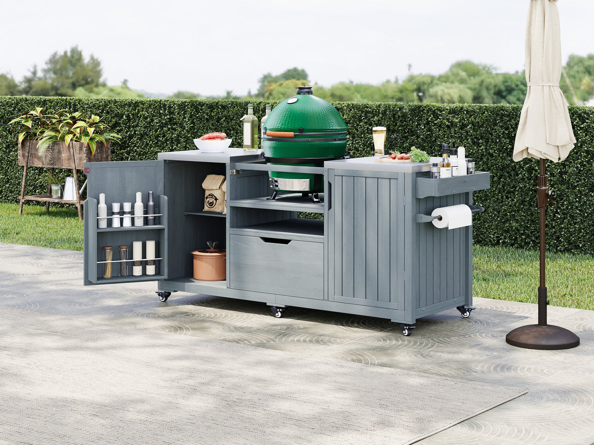 K&K 66.5in outdoor kitchen island with storage and green Big Green Egg on gray wood cart on Tampa Home & Garden Store