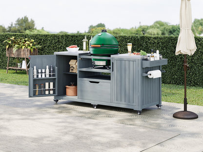 K&K 66.5in outdoor kitchen island with storage and green Big Green Egg on gray wood cart on Tampa Home & Garden Store