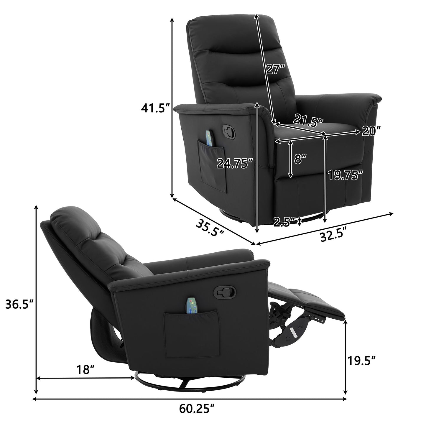 Manual recliner chair with 8-point massage and swivel, black leather, HouseOfZazla on Tampa Home & Garden Store