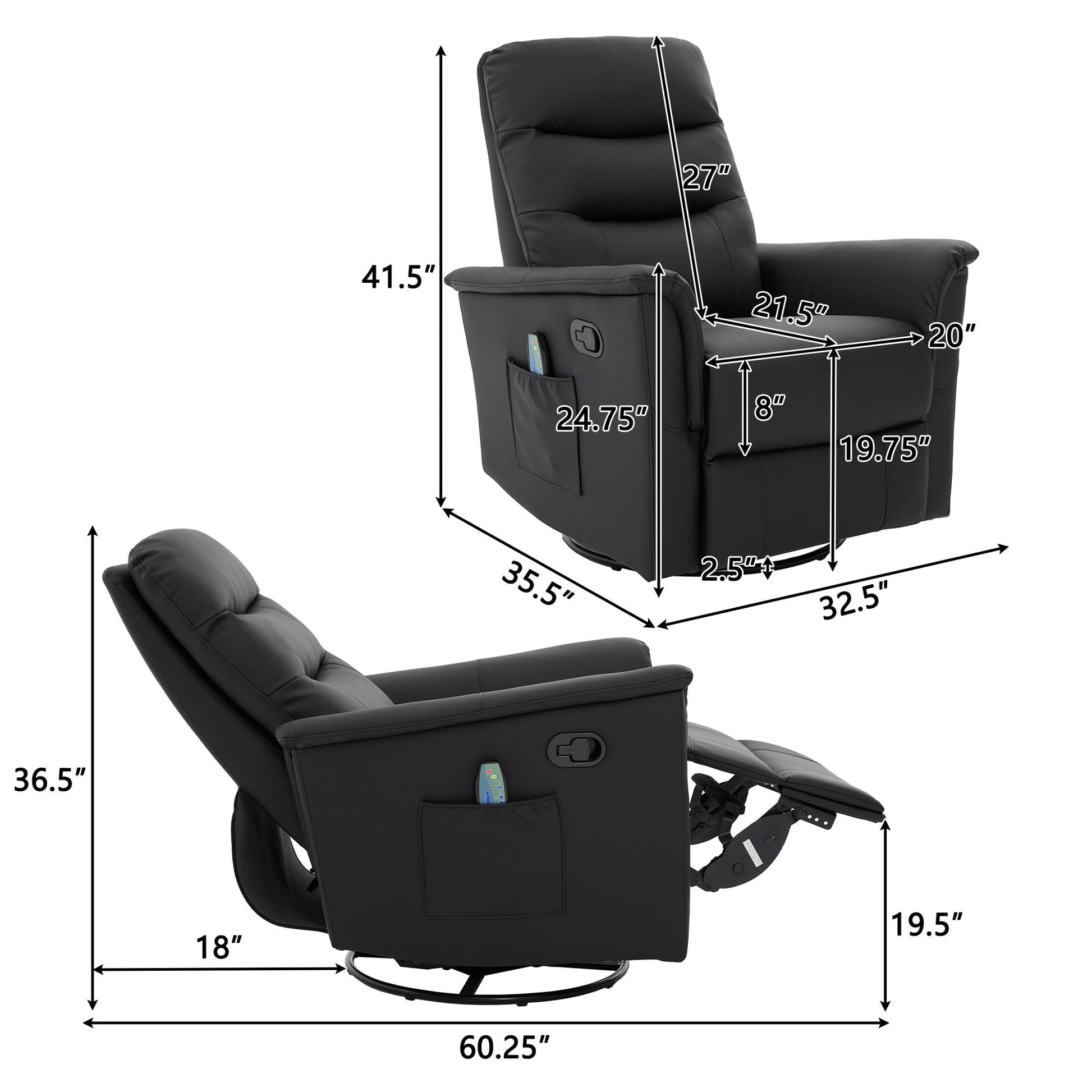 Manual recliner chair with 8-point massage and swivel, black leather, HouseOfZazla on Tampa Home & Garden Store