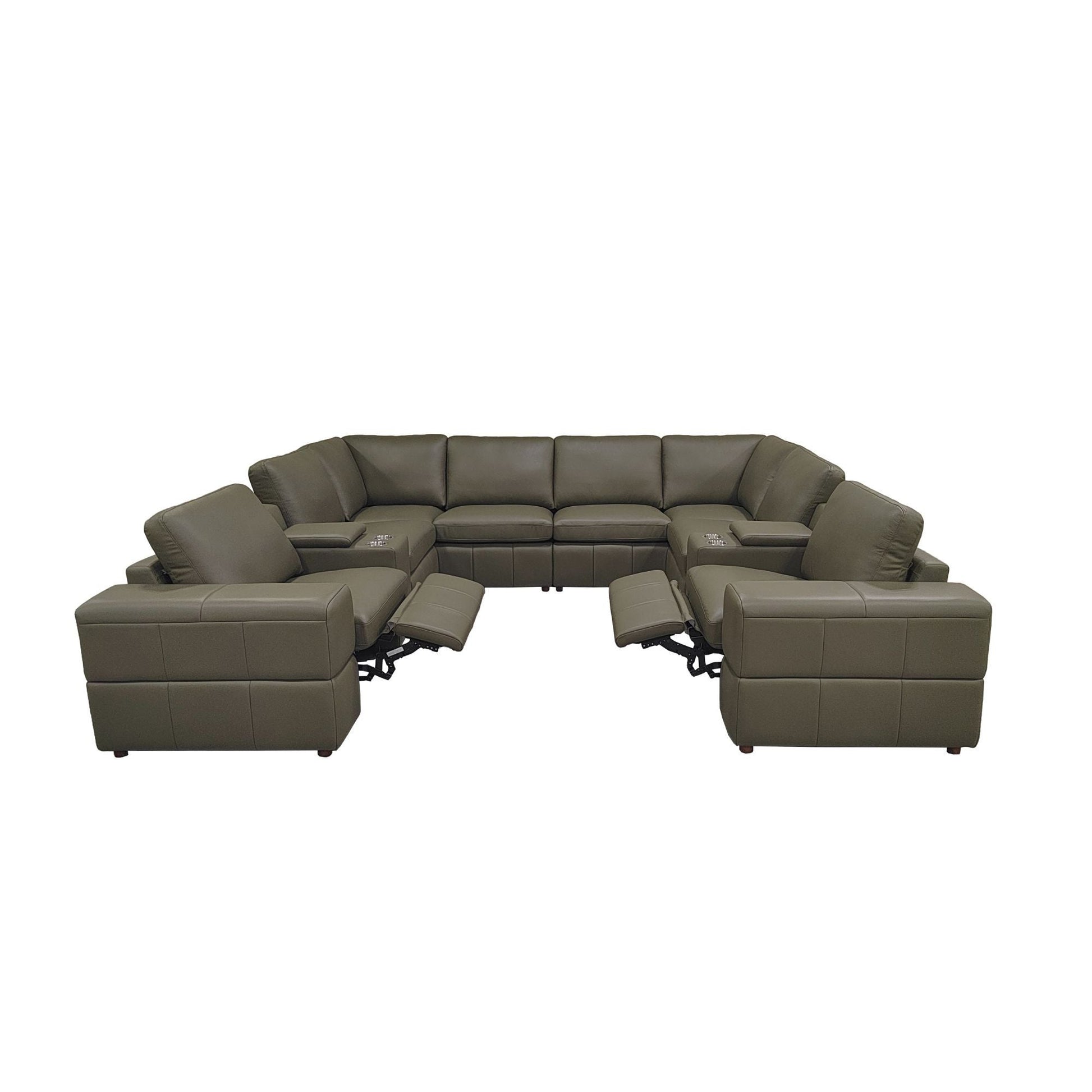 Upholstered sectional with recliner seats in olive leather, by Unique Piece Furniture on Tampa Home & Garden Store