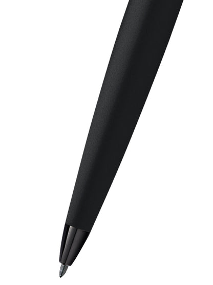 ATX matte black ballpoint pen with black appointments, close-up of barrel and nib on Tampa Home & Garden Store