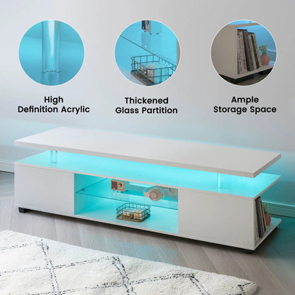 TV stand with LED lighting, white high-gloss finish, glass shelves and large side cabinet on Tampa Home & Garden Store
