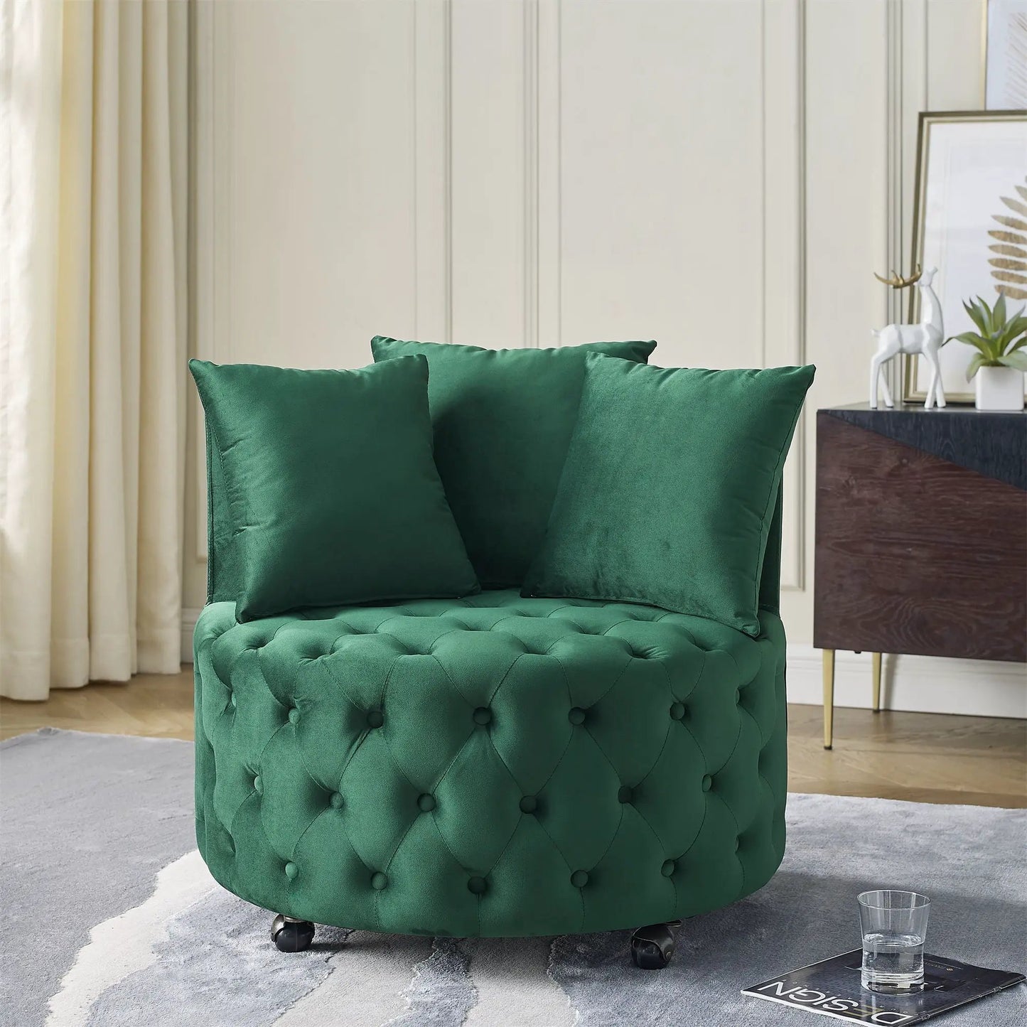 Modern upholstered swivel chair with button tufting in green velvet on wheels on Tampa Home & Garden Store