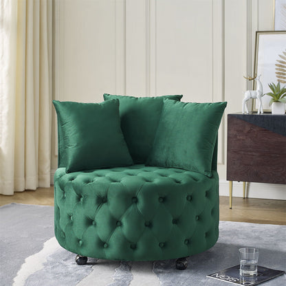 Modern upholstered swivel chair in green velvet with tufted design on casters on Tampa Home & Garden Store