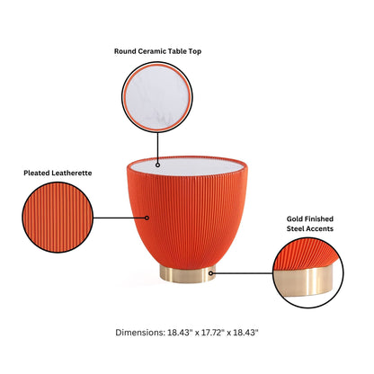 End Table with round ceramic top and orange pleated leatherette, gold steel base on Tampa Home & Garden Store