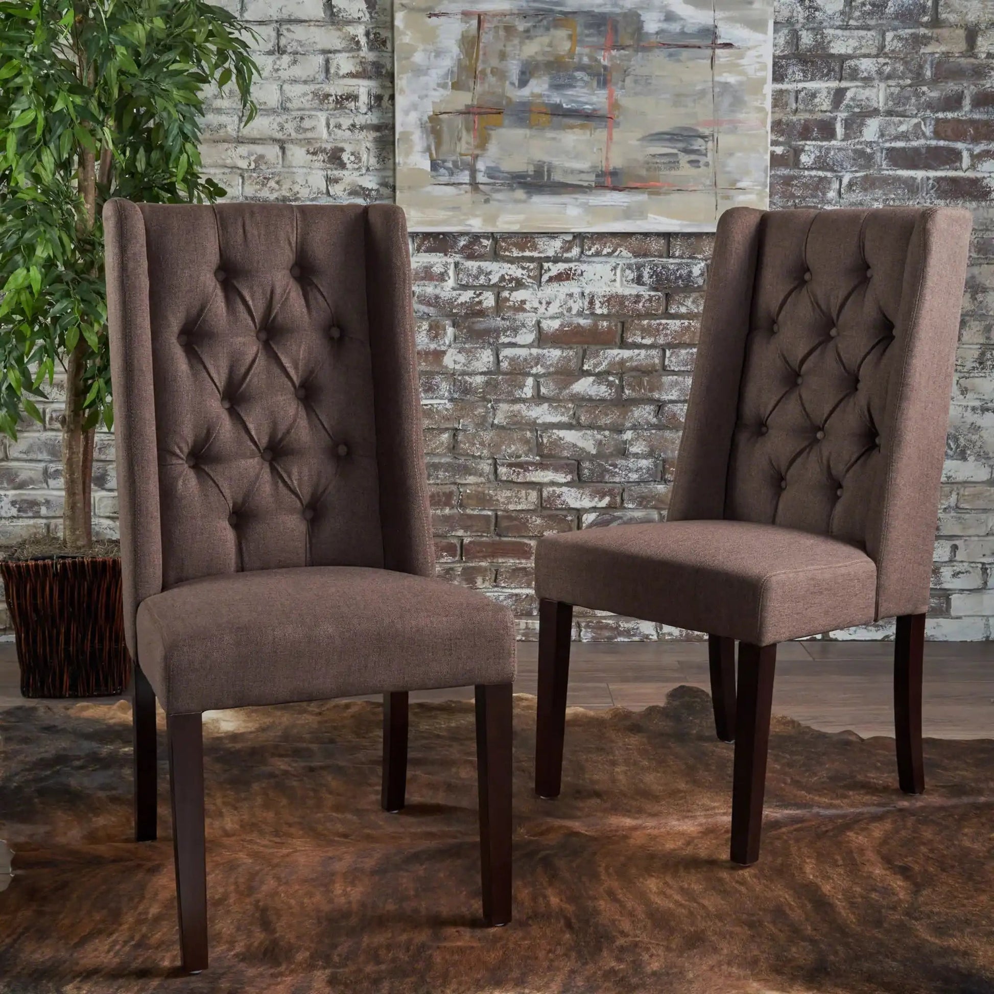 2 brown tufted dining chairs with high backs in fabric upholstery by HouseOfZazla on Tampa Home & Garden Store