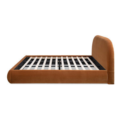 Archie Puffy Grounded Upholstered Platform Bed King Burnt Orange fabric with slatted base on Tampa Home & Garden Store
