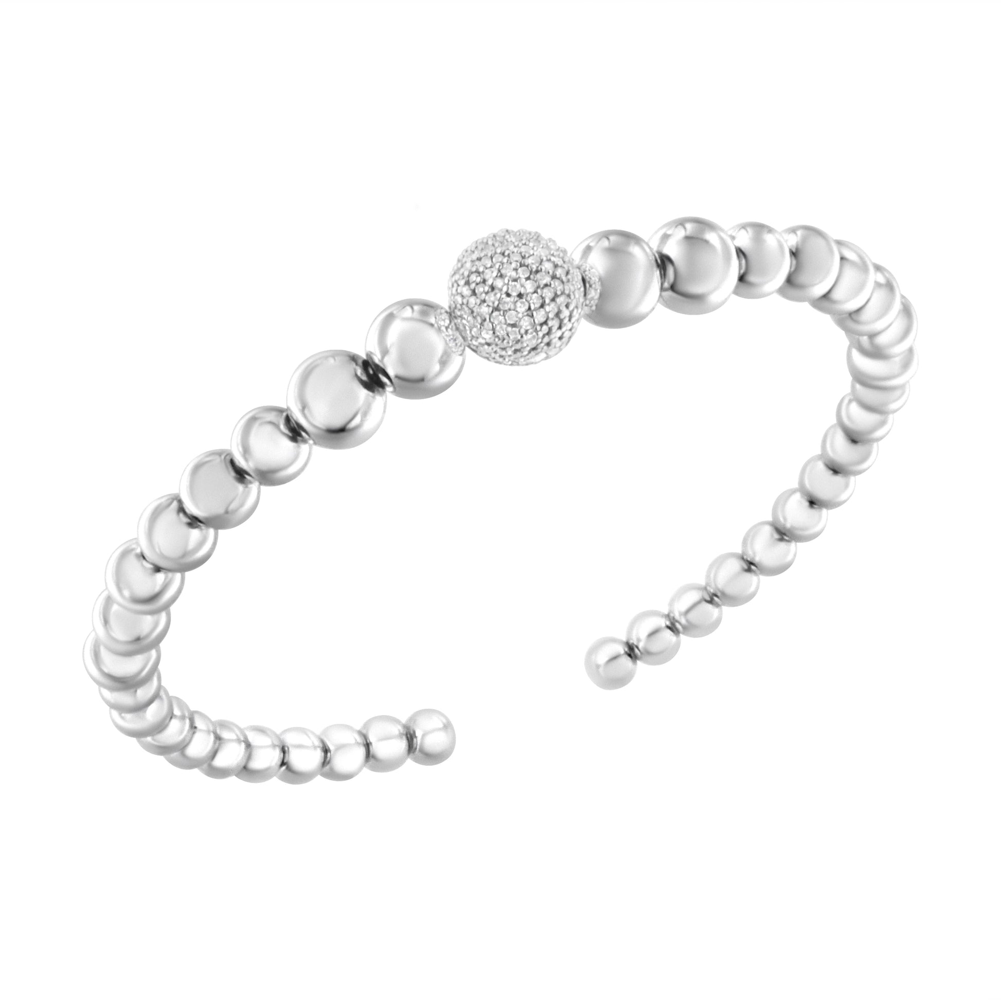 Sterling silver bead bracelet with pave diamond ball centerpiece, beaded cuff up to 7.5 in on Tampa Home & Garden Store