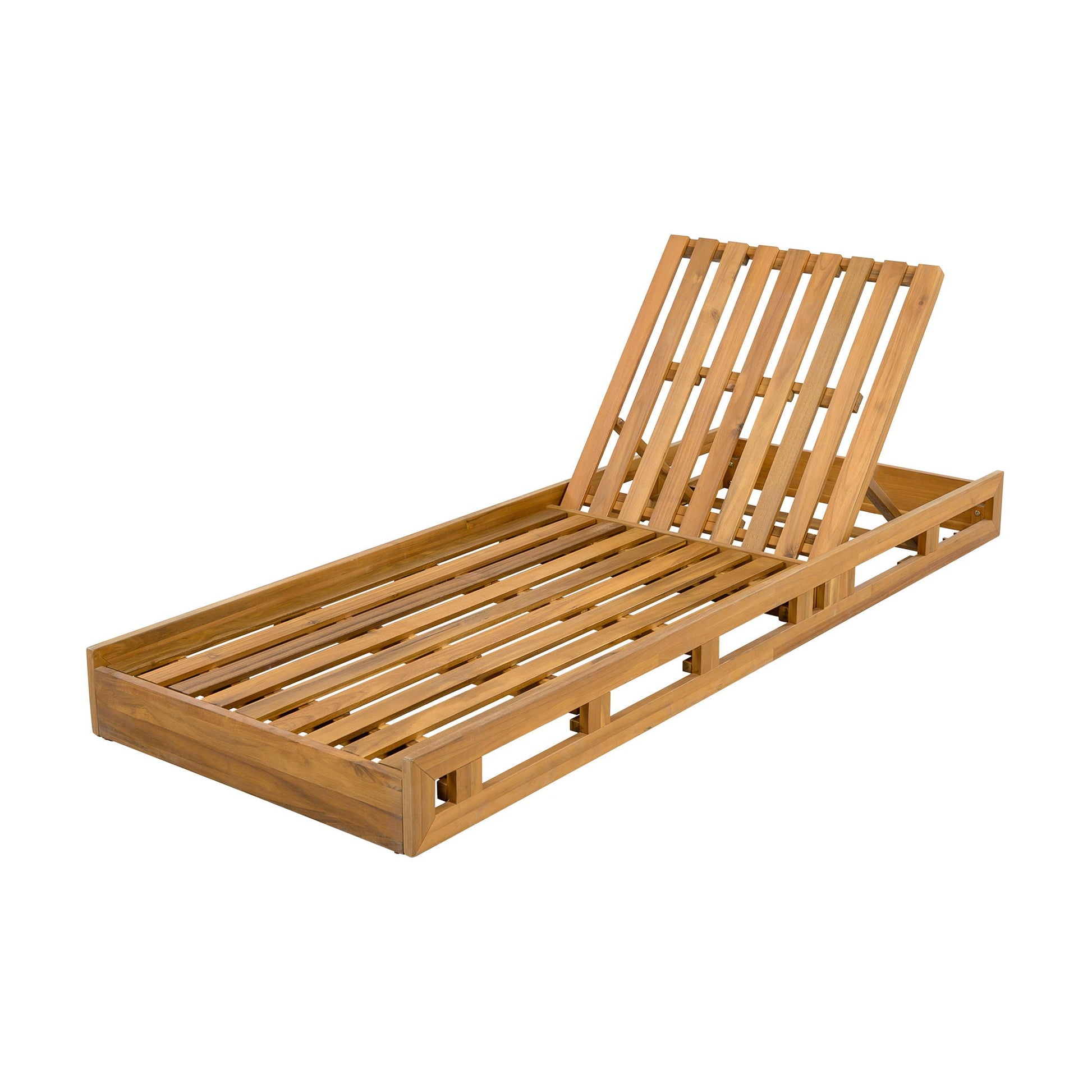 Acacia wood lounge chaise with adjustable backrest in teak finish on Tampa Home & Garden Store