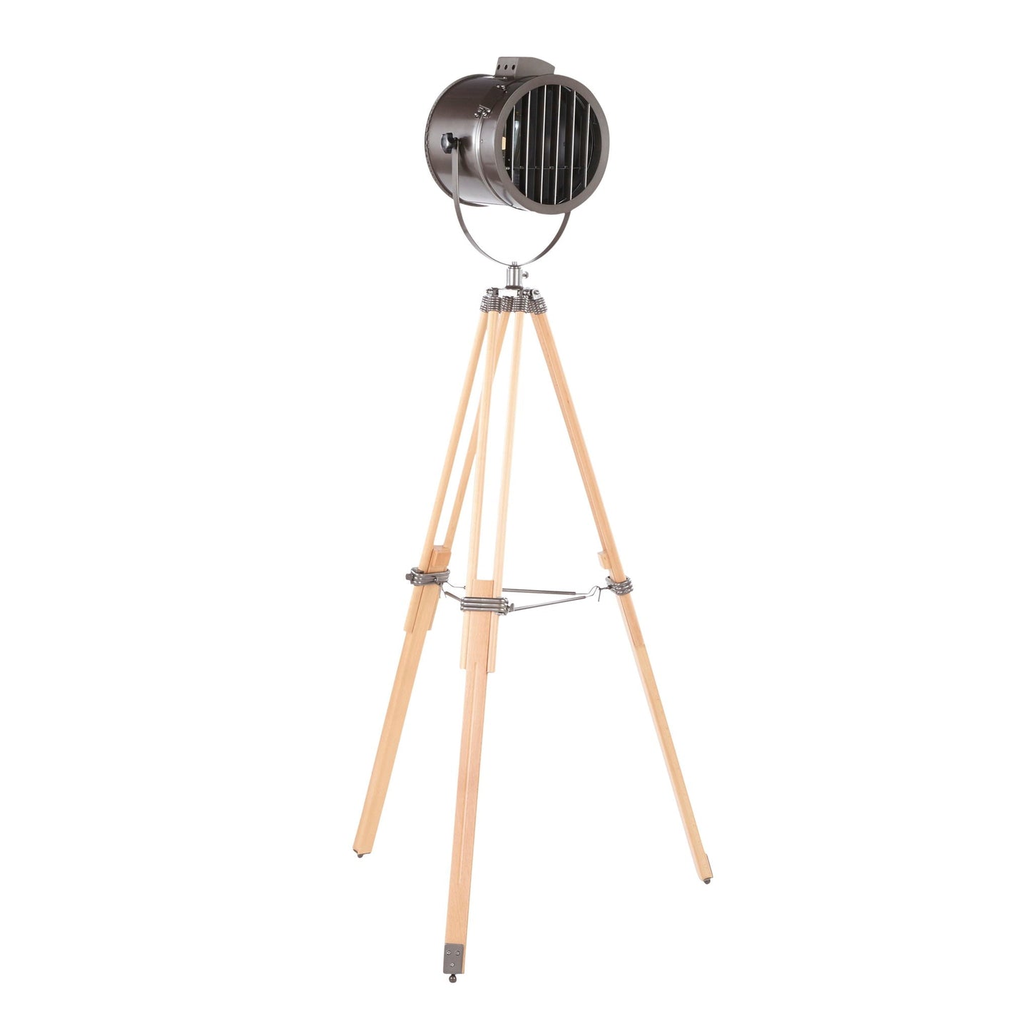 Ahoy industrial floor lamp with natural wood tripod legs and dark antique metal head on Tampa Home & Garden Store