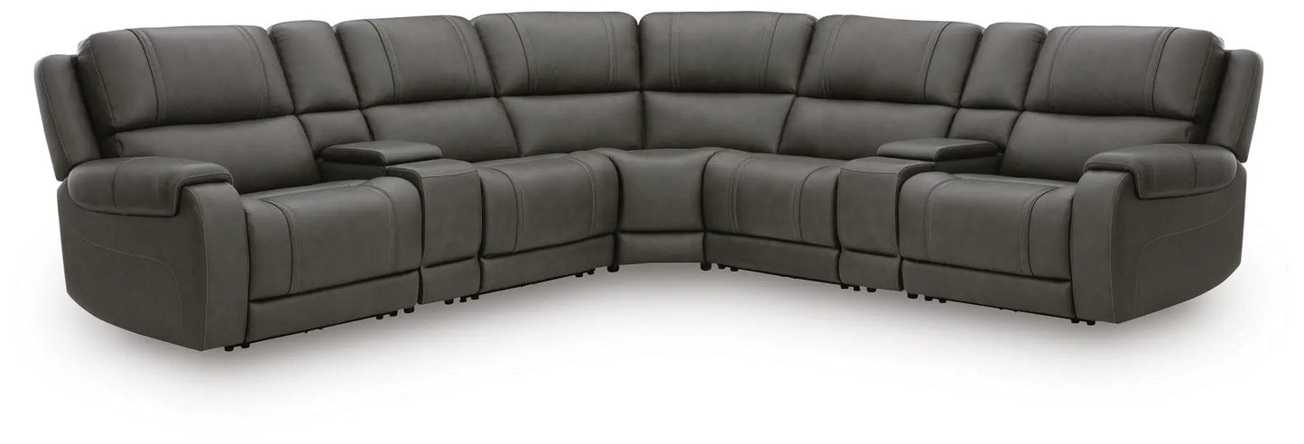 5Z Pittson power reclining sectional in dark gray leather-look upholstery curved multi-seat on Tampa Home & Garden Store